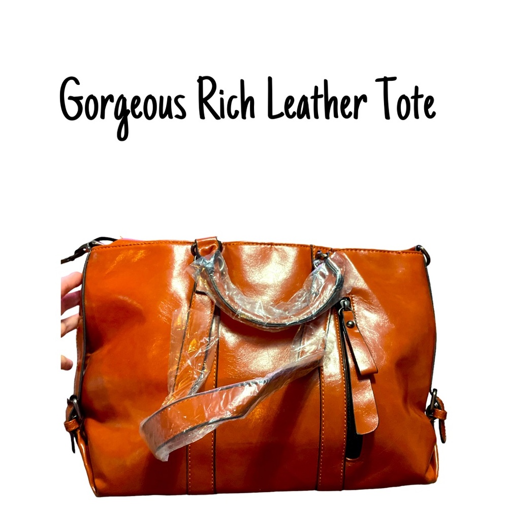 NWOT Rich Brown Leather Tote W/Handles, Shoulder Strap, & Removable Strap